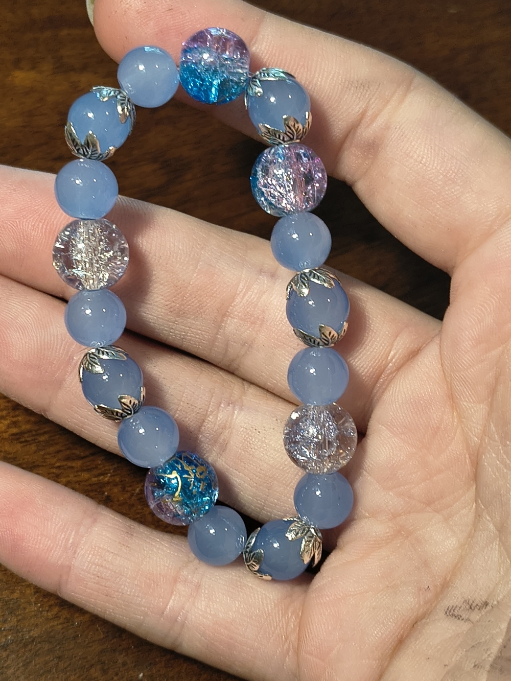 Silver Leaf Blue and Iridescent Beaded Stretch Bracelet
